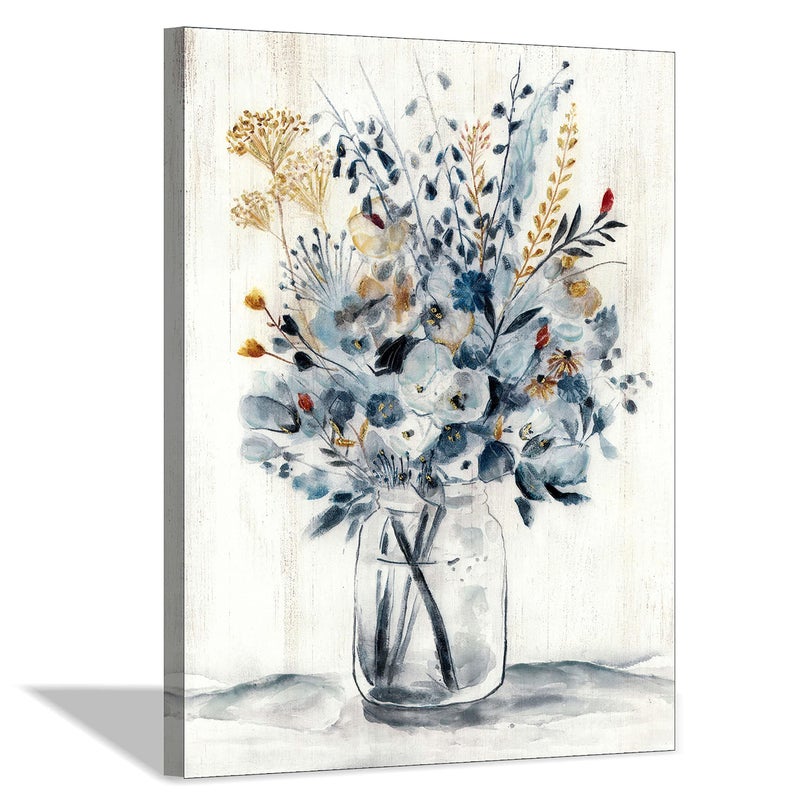 Hardy Gallery Abstract Flower Painting Wall Art: Botanical Flower Bouquet in Crystal Vase Picture Print on Wrapped Canvas for Home Kitchen (24'' x 18'' x 1 Panel) - Image 1